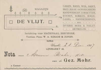 712190 Kop van een nota van “De Vlijt”, voorheen firma W.A. Schade & Zonen, Magazijn van Garen, Band, Wol, Brei- en ...